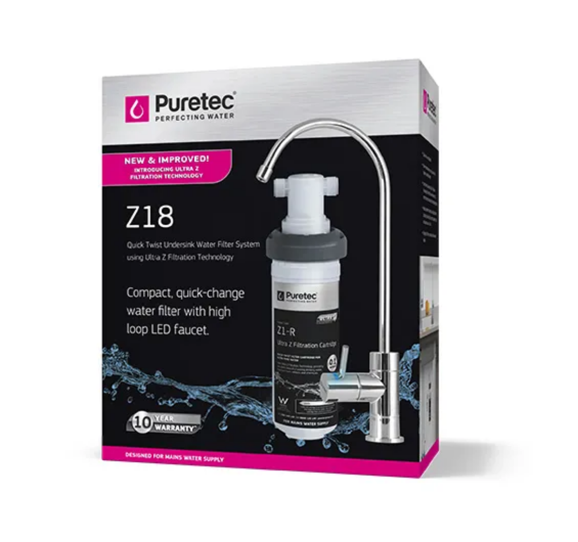 Picture of Puretec Z18 Quick-twist Undersink Water Filter System with high loop LED Faucet, 23,000l Capacity, 5.5 LPM 0.1 Micron